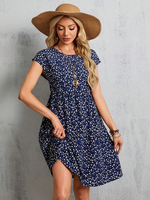SHEIN Vestido midi azul de manga corta con estampado floral para mujer - Quierox - Tienda Online