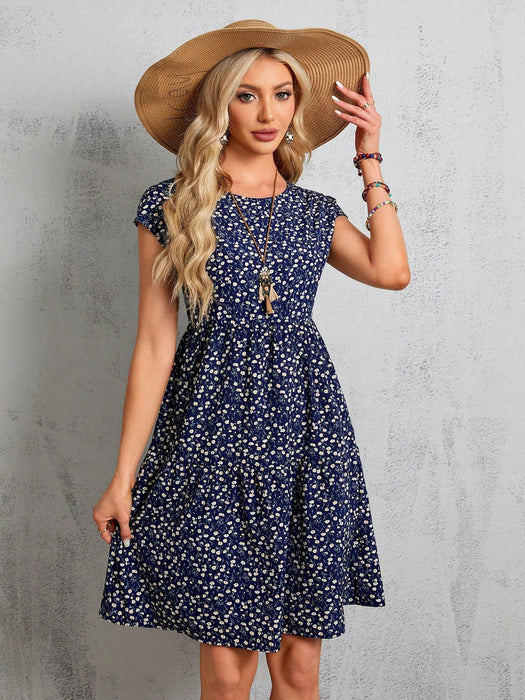 SHEIN Vestido midi azul de manga corta con estampado floral para mujer - Quierox - Tienda Online