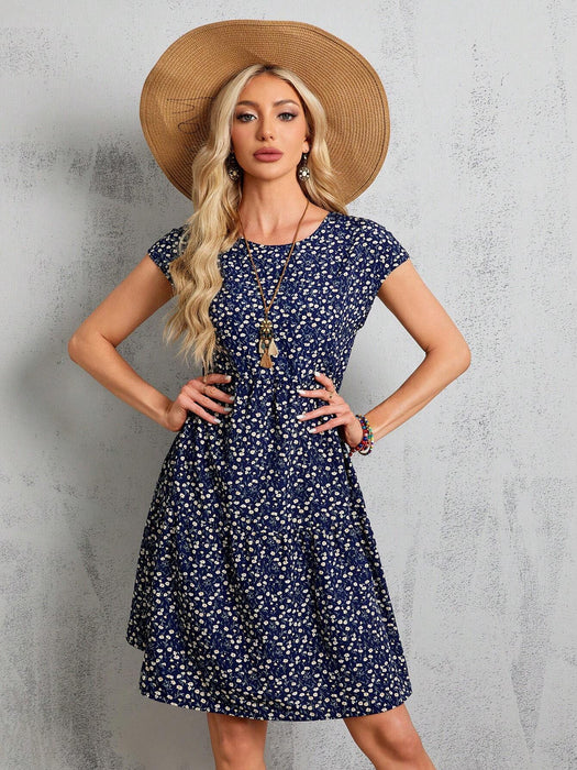 SHEIN Vestido midi azul de manga corta con estampado floral para mujer - Quierox - Tienda Online