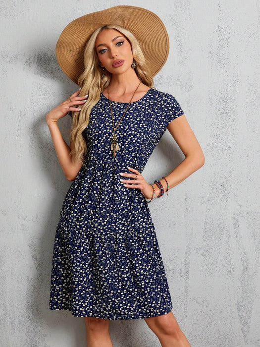 SHEIN Vestido midi azul de manga corta con estampado floral para mujer - Quierox - Tienda Online