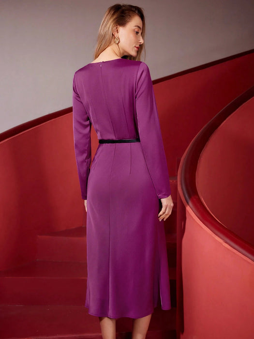 SHEIN VESTIDO MIDI DRAPEADO DE SATÉN PREMIUM MOTF - Quierox - Tienda Online