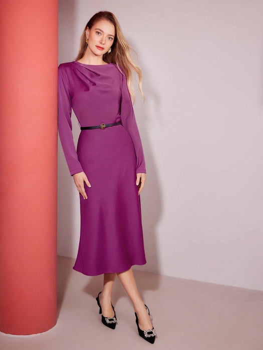 SHEIN VESTIDO MIDI DRAPEADO DE SATÉN PREMIUM MOTF - Quierox - Tienda Online