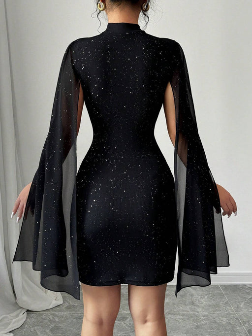 Shein Vestido mini de fiesta con cuello alto y capa brillante de Selianne para mujer, tela de otoño para mujer - Quierox - Tienda Online