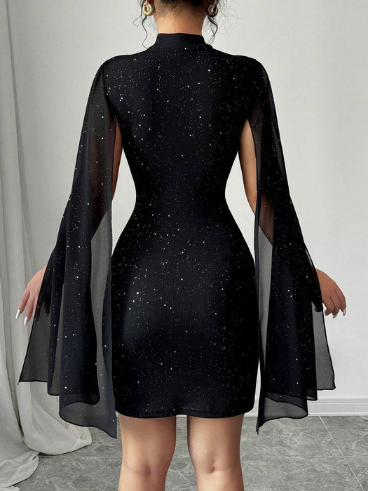 Shein Vestido mini de fiesta con cuello alto y capa brillante de Selianne para mujer, tela de otoño para mujer - Quierox - Tienda Online