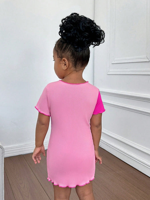 SHEIN Vestido mini rosa de manga corta con cuello redondo y ribete acanalado - Quierox - Tienda Online