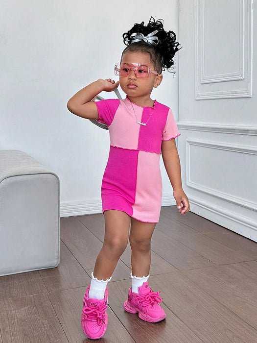 SHEIN Vestido mini rosa de manga corta con cuello redondo y ribete acanalado - Quierox - Tienda Online