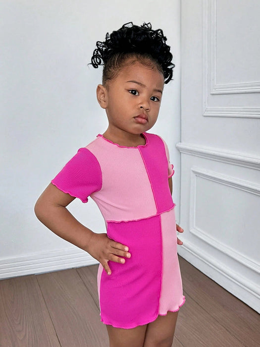 SHEIN Vestido mini rosa de manga corta con cuello redondo y ribete acanalado - Quierox - Tienda Online
