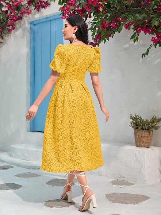 SHEIN Vestido Modelyn de jacquard con cuello cuadrado, mangas abullonadas - Quierox - Tienda Online
