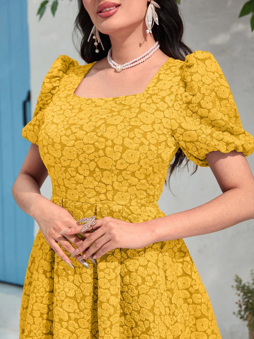 SHEIN Vestido Modelyn de jacquard con cuello cuadrado, mangas abullonadas - Quierox - Tienda Online