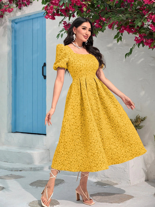 SHEIN Vestido Modelyn de jacquard con cuello cuadrado, mangas abullonadas - Quierox - Tienda Online