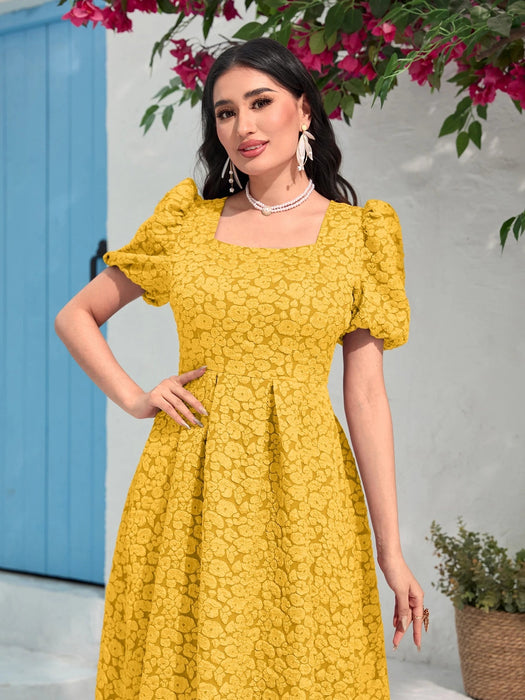 SHEIN Vestido Modelyn de jacquard con cuello cuadrado, mangas abullonadas - Quierox - Tienda Online