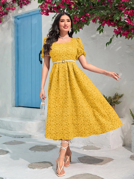 SHEIN Vestido Modelyn de jacquard con cuello cuadrado, mangas abullonadas - Quierox - Tienda Online