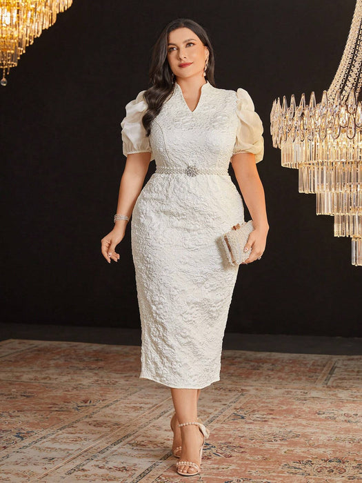 SHEIN Vestido Modelyn de talla grande con mangas abullonadas y escote en V - Quierox - Tienda Online