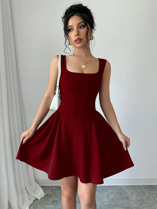SHEIN Vestido Selianne sin mangas, de corte A, con escote cuadrado y bajo fruncido - Quierox - Tienda Online