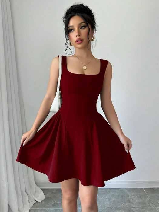SHEIN Vestido Selianne sin mangas, de corte A, con escote cuadrado y bajo fruncido - Quierox - Tienda Online