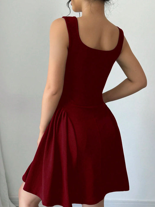 SHEIN Vestido Selianne sin mangas, de corte A, con escote cuadrado y bajo fruncido - Quierox - Tienda Online