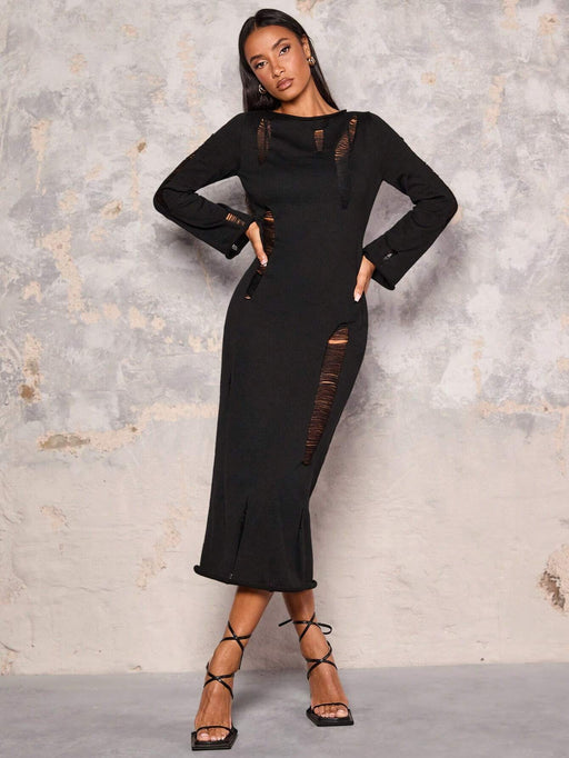 Shein Vestido tipo suéter de manga larga calado de color liso y largo medio de Glamine para mujer - Quierox - Tienda Online