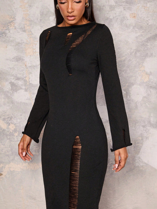 Shein Vestido tipo suéter de manga larga calado de color liso y largo medio de Glamine para mujer - Quierox - Tienda Online