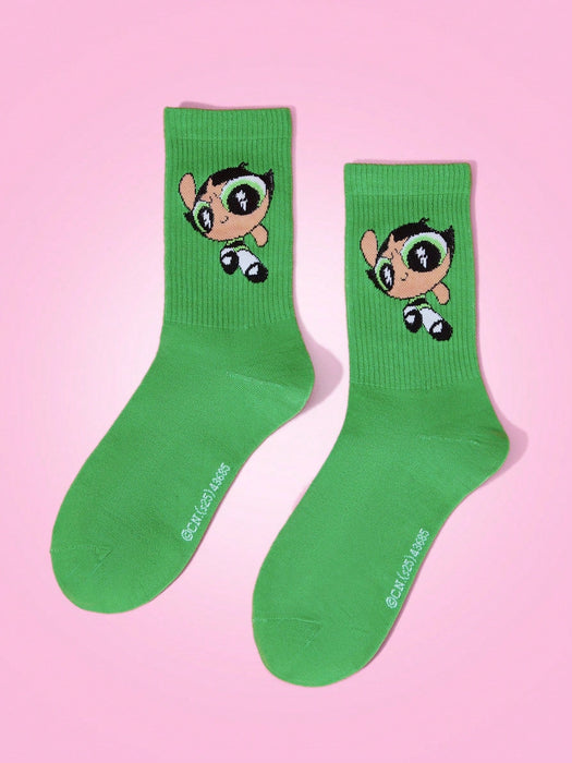 SHEIN X LAS CHICAS SUPERPODEROSAS 1 par de calcetines de mujer con estampado de ranúnculos verdes - Quierox - Tienda Online