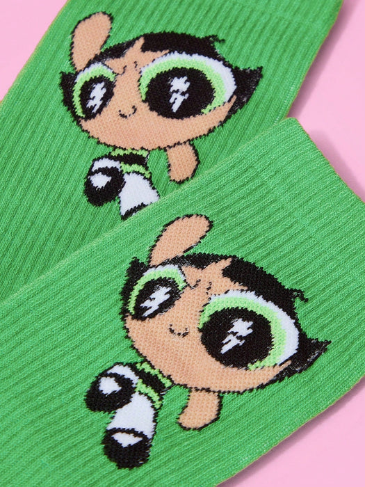 SHEIN X LAS CHICAS SUPERPODEROSAS 1 par de calcetines de mujer con estampado de ranúnculos verdes - Quierox - Tienda Online
