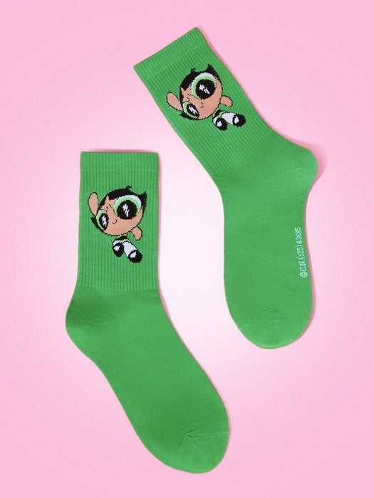 SHEIN X LAS CHICAS SUPERPODEROSAS 1 par de calcetines de mujer con estampado de ranúnculos verdes - Quierox - Tienda Online