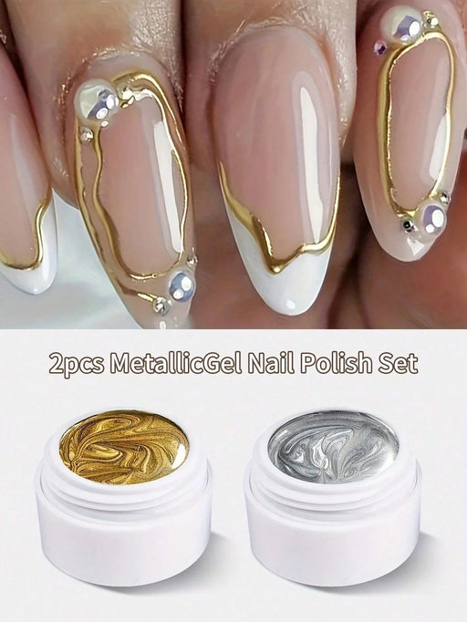 Shein XEIJAYI 2 piezas de esmalte de uñas en gel metálico pintado, arte de uñas creativo, elástico, metálico - Quierox - Tienda Online