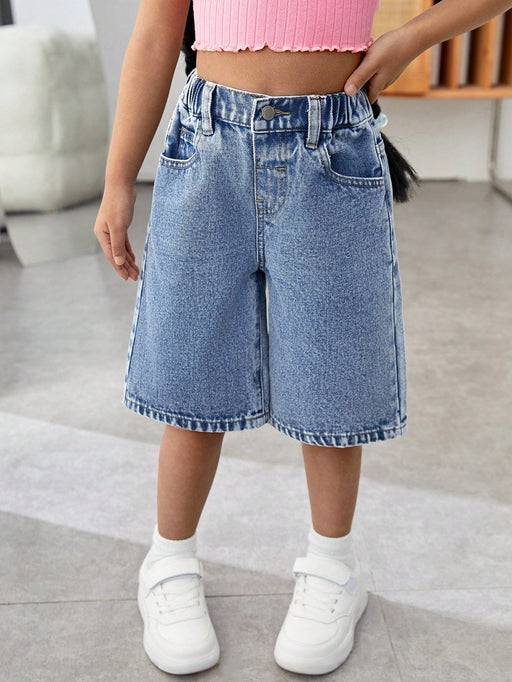 SHEIN Young Girl' Y2K shorts vaqueros holgados azules con lazo rosa bordado - Quierox - Tienda Online