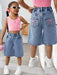SHEIN Young Girl' Y2K shorts vaqueros holgados azules con lazo rosa bordado - Quierox - Tienda Online
