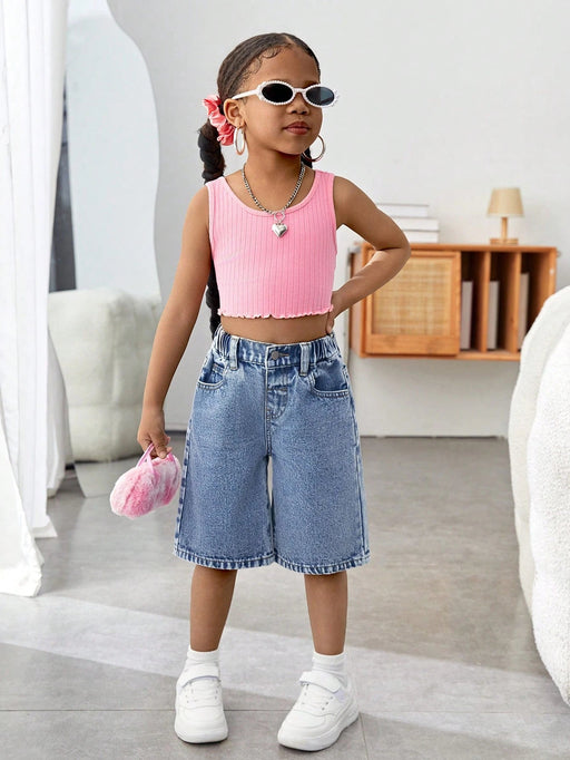 SHEIN Young Girl' Y2K shorts vaqueros holgados azules con lazo rosa bordado - Quierox - Tienda Online