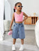 SHEIN Young Girl' Y2K shorts vaqueros holgados azules con lazo rosa bordado - Quierox - Tienda Online
