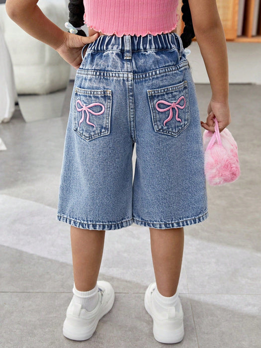 SHEIN Young Girl' Y2K shorts vaqueros holgados azules con lazo rosa bordado - Quierox - Tienda Online