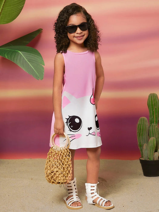 SHEIN Young Girls Vestido sin mangas con estampado de gato de dibujos - Quierox - Tienda Online