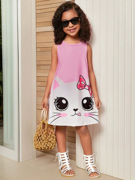 SHEIN Young Girls Vestido sin mangas con estampado de gato de dibujos - Quierox - Tienda Online