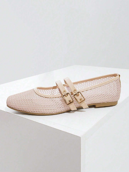 SHEIN Zapatos de ballet planos de malla para mujer, en color beige, con punta redonda - Quierox - Tienda Online