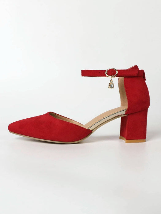 Shein Zapatos de tacón grueso de antelina con tiras en el tobillo y punta - Quierox - Tienda Online