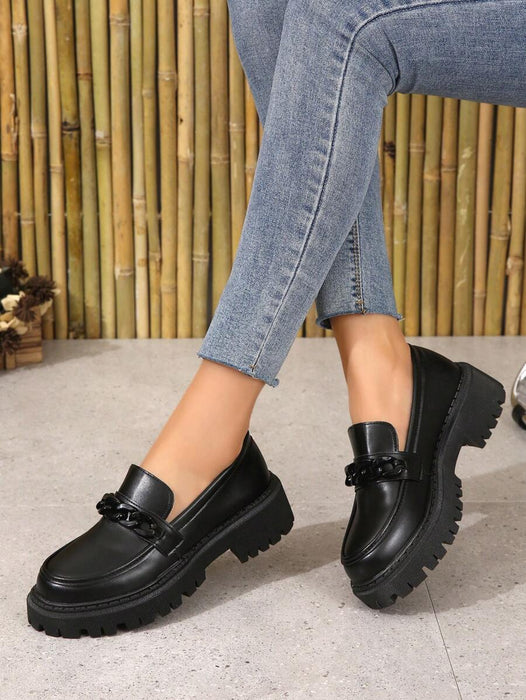 Shein Zapatos negros preppy para mujer, mocasines con plataforma y cadena - Quierox - Tienda Online