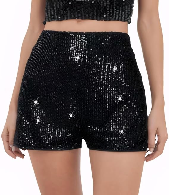 Shorts de lentejuelas brillantes elásticos de cintura alta en línea A para mujer, para fiesta - Quierox - Tienda Online