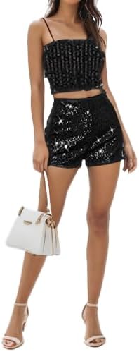 Shorts de lentejuelas brillantes elásticos de cintura alta en línea A para mujer, para fiesta - Quierox - Tienda Online
