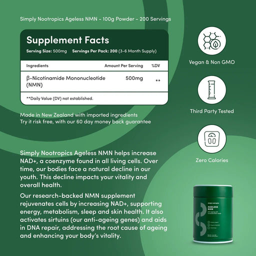 Simply Nootropics NMN en polvo (suministro para 3 meses) Potenciador de NAD+ - Quierox - Tienda Online