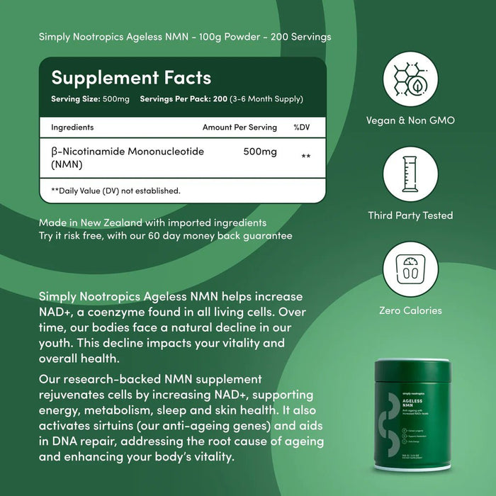 Simply Nootropics NMN en polvo (suministro para 3 meses) Potenciador de NAD+ - Quierox - Tienda Online