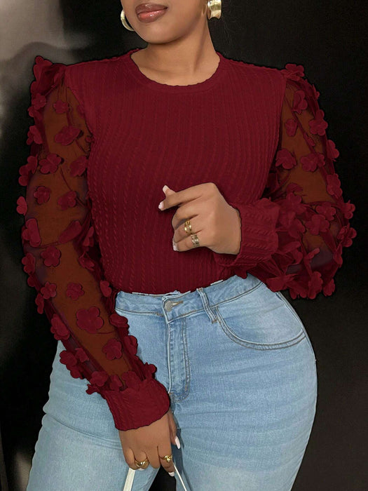 Slaydiva Blusa de punto ajustada para mujer con mangas de malla y adorno de flor - Quierox - Tienda Online