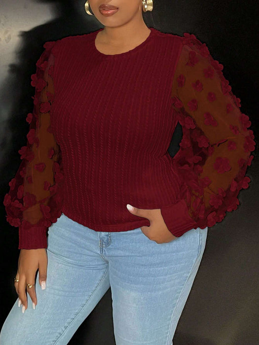 Slaydiva Blusa de punto ajustada para mujer con mangas de malla y adorno de flor - Quierox - Tienda Online