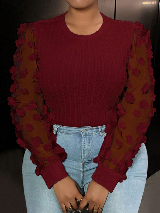 Slaydiva Blusa de punto ajustada para mujer con mangas de malla y adorno de flor - Quierox - Tienda Online