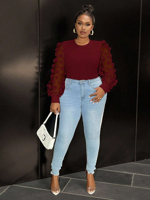 Slaydiva Blusa de punto ajustada para mujer con mangas de malla y adorno de flor - Quierox - Tienda Online