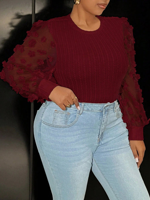 Slaydiva Blusa de punto ajustada para mujer con mangas de malla y adorno de flor - Quierox - Tienda Online