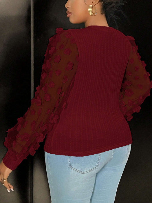 Slaydiva Blusa de punto ajustada para mujer con mangas de malla y adorno de flor - Quierox - Tienda Online