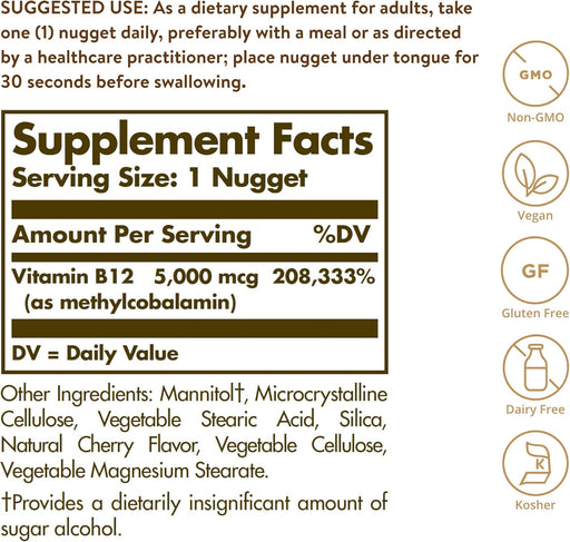 Solgar Metilcobalamina (Vitamina B12) 5000 mcg, Sabor a cereza - Apoya el metabolismo energético - Quierox - Tienda Online