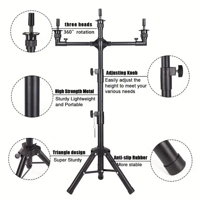 Soporte de peluca ajustable de 3 vías, trípode, soporte de cabeza de maniquí multifuncion - Quierox - Tienda Online