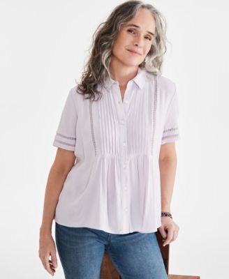 Style & Co Camisa de mujer de manga corta con pliegues y botones al frente - Quierox - Tienda Online
