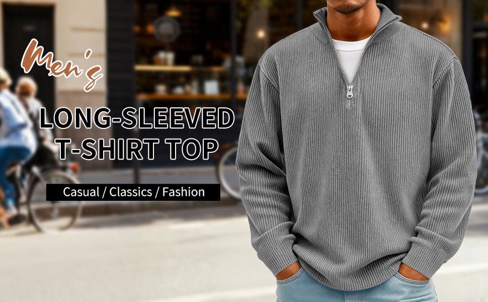 Suéteres polo de punto acanalado de manga larga con cuello alto y cremallera para hombre - Quierox - Tienda Online